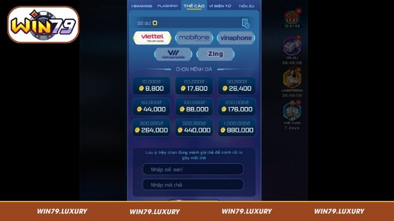 Giao dịch Win79 bằng thẻ cào điện thoại