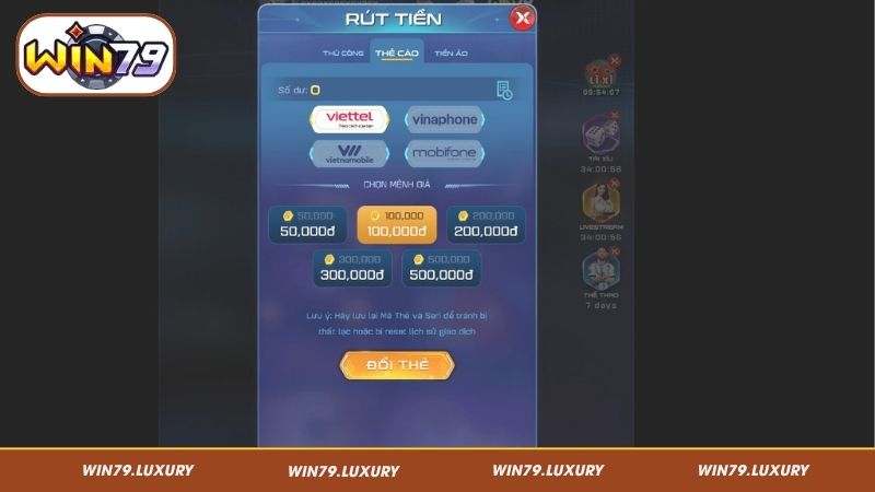 Rút tiền bằng thẻ cào tại Win79